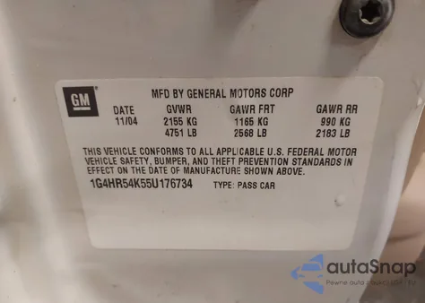 2005 Buick Lesabre Limited z USA, uszkodzony, nr VIN 1G4HR54K55U176734